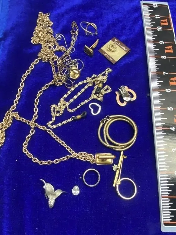 Mixed Costume Jewelry Lot - Chains, Pins, Rings