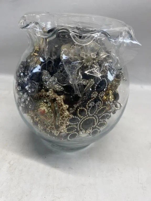 Costume jewelry lot in glass jar, 2lb 8oz