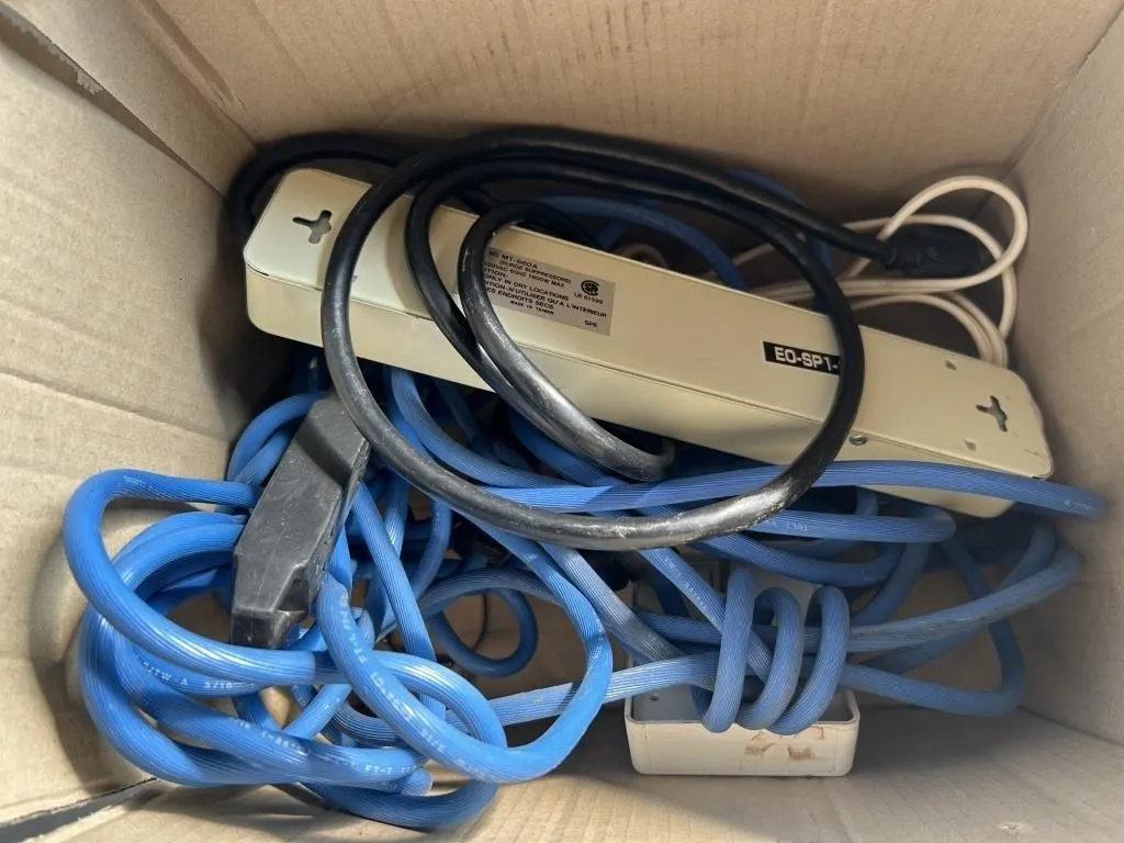 Box of Extension Cords, Surge Protectors & Power