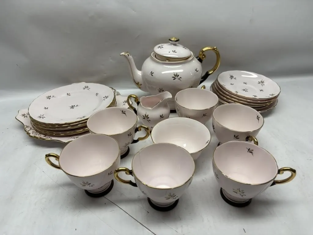 Bone China Tea Set with Gold & Black Leaf Design