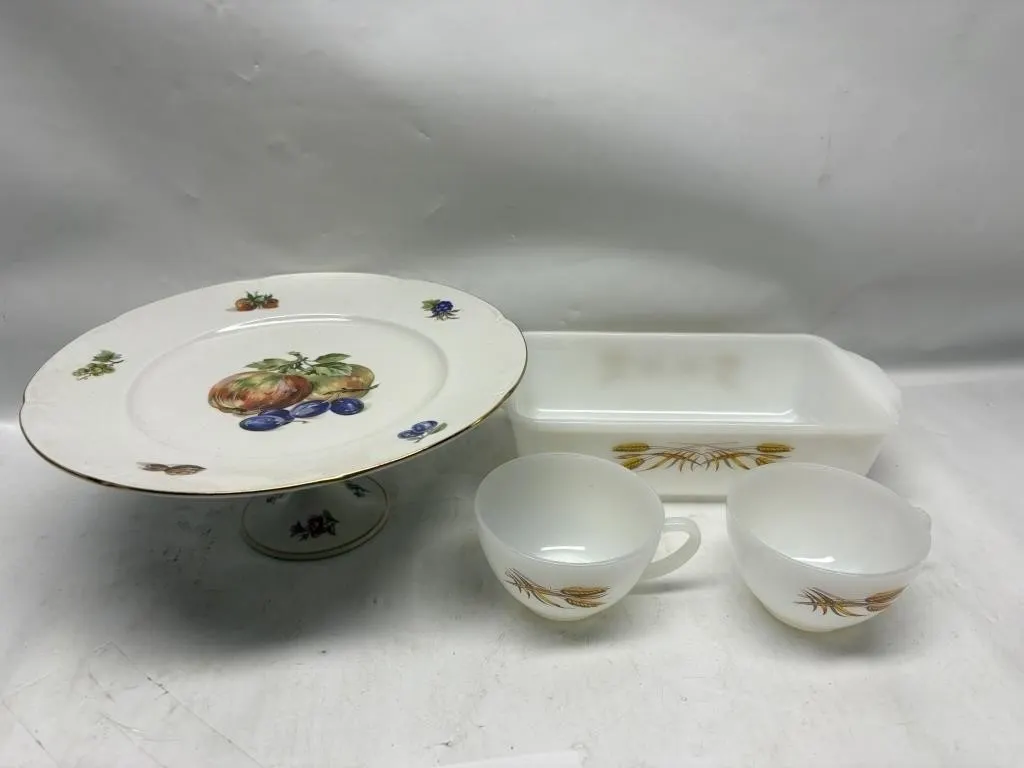 Fruit-decorated cake stand, Fire-King wheat dish &