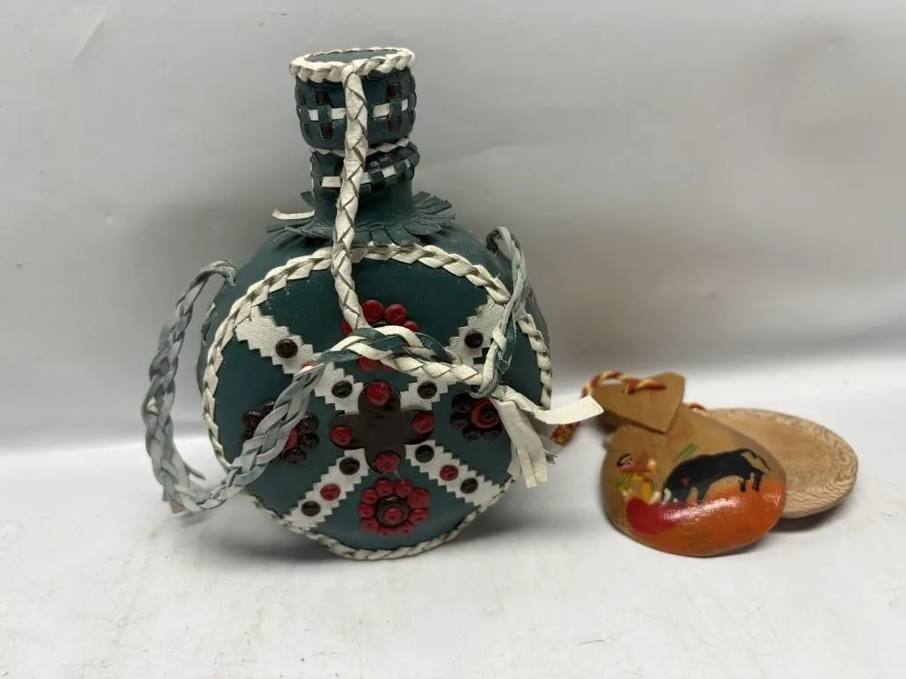 Spanish leather-wrapped decanter & painted