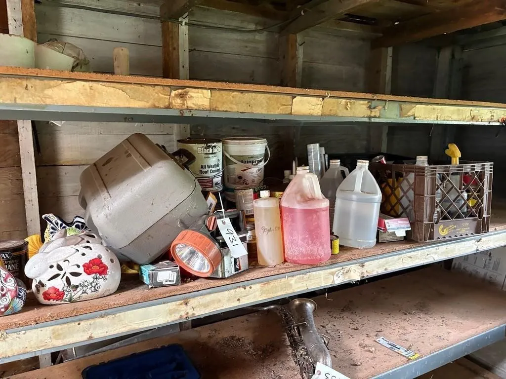 Misc Lawn & garden related items on shelf