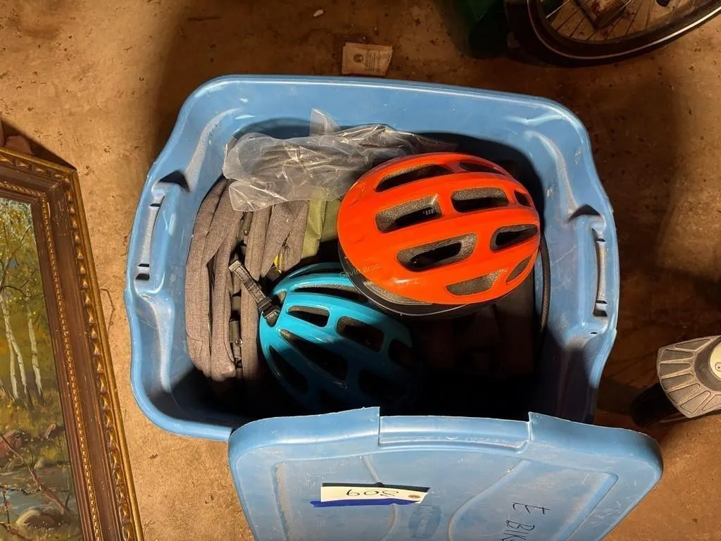 Tote of Bicycle Supplies, Helmets etc