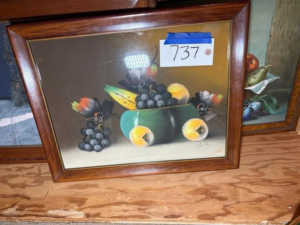 (3) Paintings. Fruit & Winter Scene