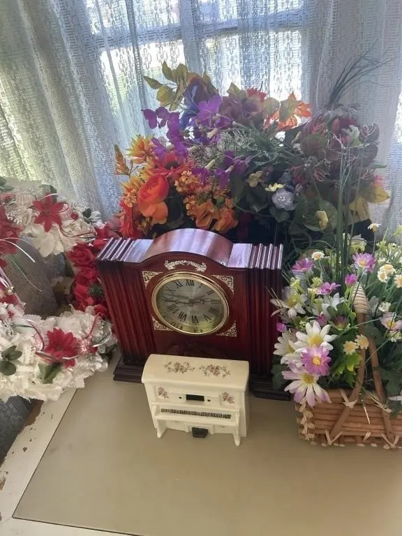 Clock. Music piano. Flowers.