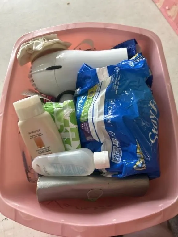 Hairdryer, pads, lotion, perfume glasses