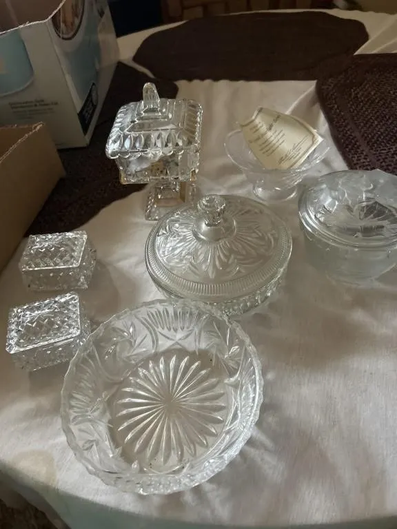 Glass candy, dishes, bowls, and crystal bowl