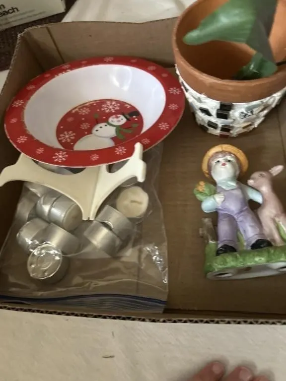Fire pot bowl, candles, ceramic boy with deer