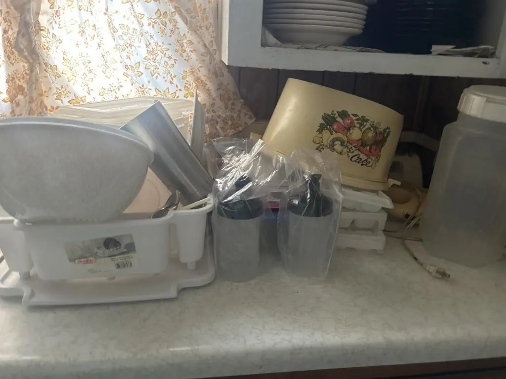 Plates, Tupperware bowls, cake, holder, egg