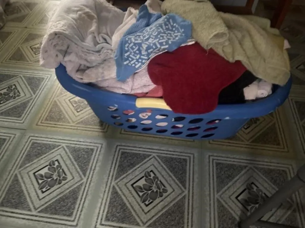 Towels and dish towels, laundry basket