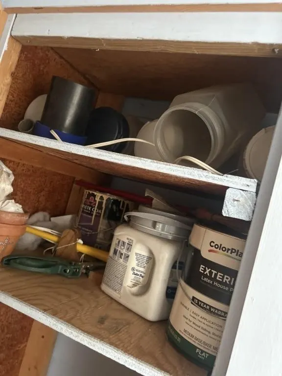 Paint, gardening utensils, canisters