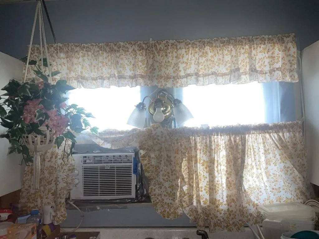 Curtains, hanging flower basket