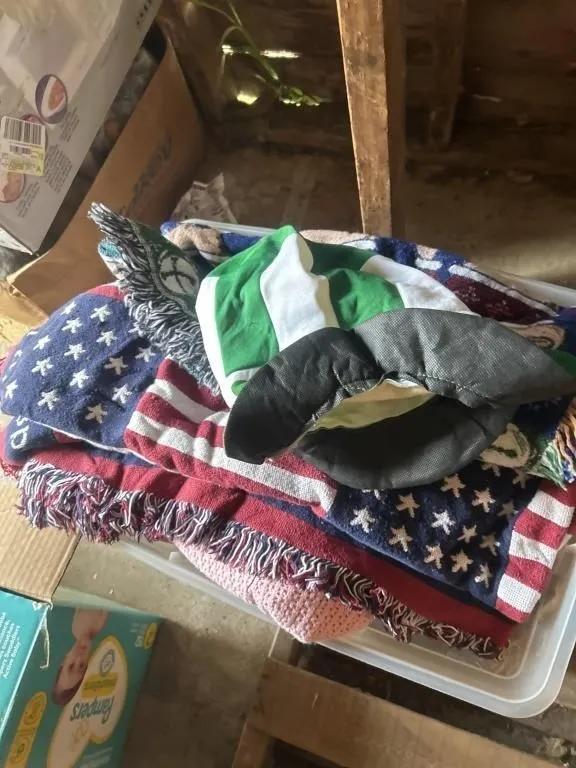Tote with lid and blanket and clothes
