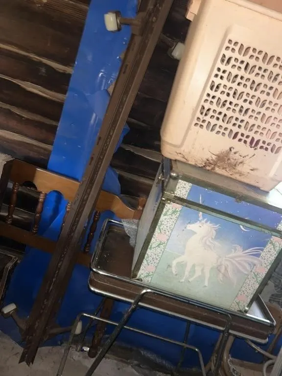 Twin size bed frame, laundry basket, unicorn