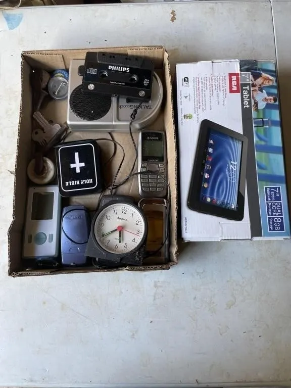 7 inch tablet, clocks, cell phones, misc items
