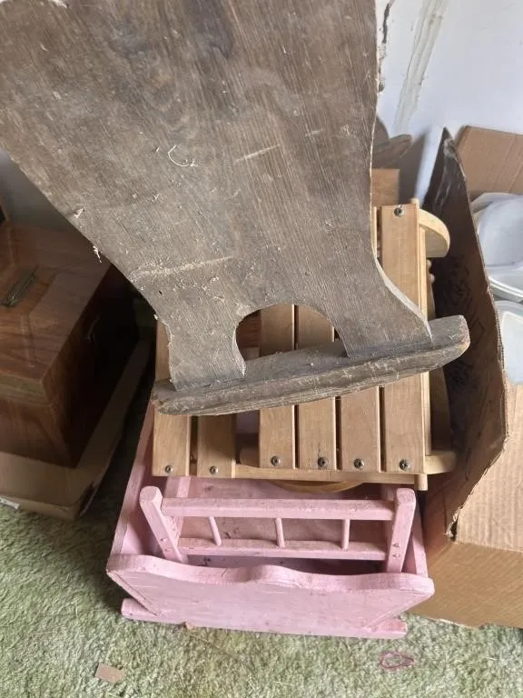 Wooden cribs and wooden shelving