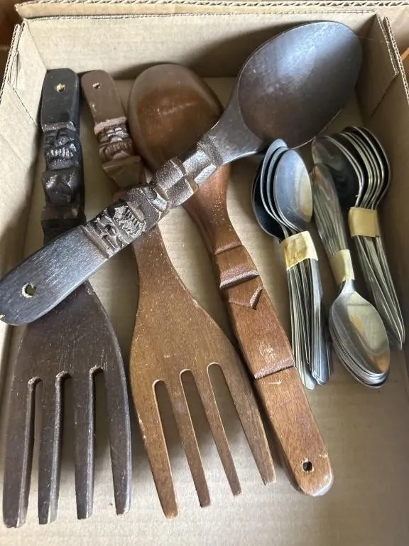 Wooden forks, metal and wooden spoons
