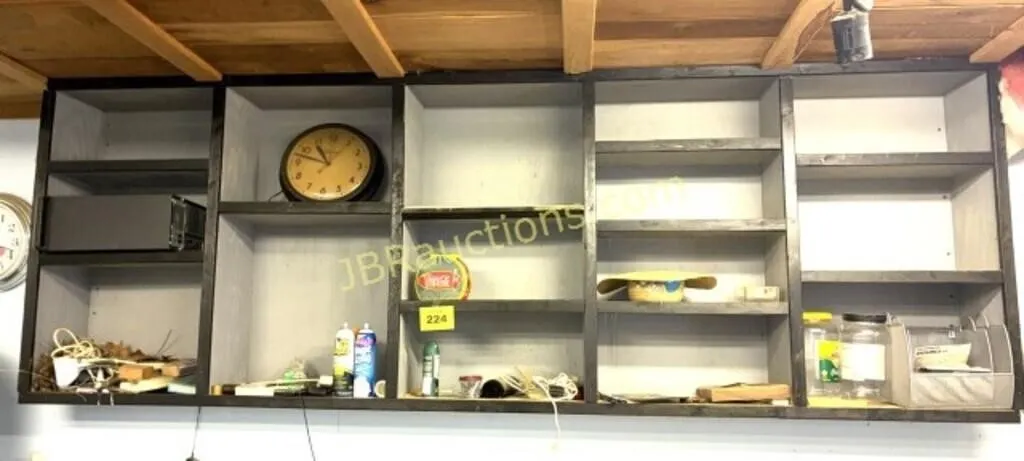 CONTENTS OF SHELF VINTAGE WALL CLOCK, ETC