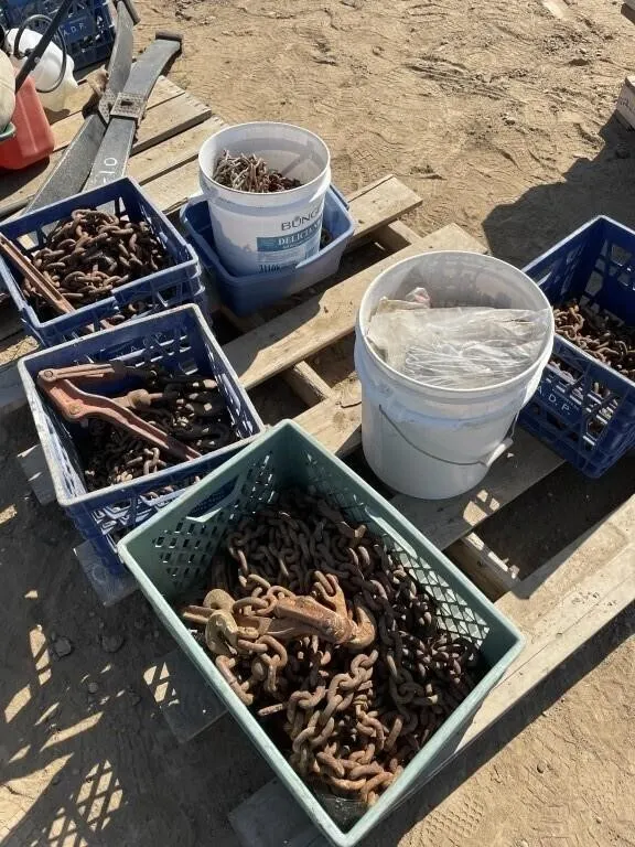 ASSORTED CHAINS, BOOMERS, PAIL OF FENCE TIE WIRES