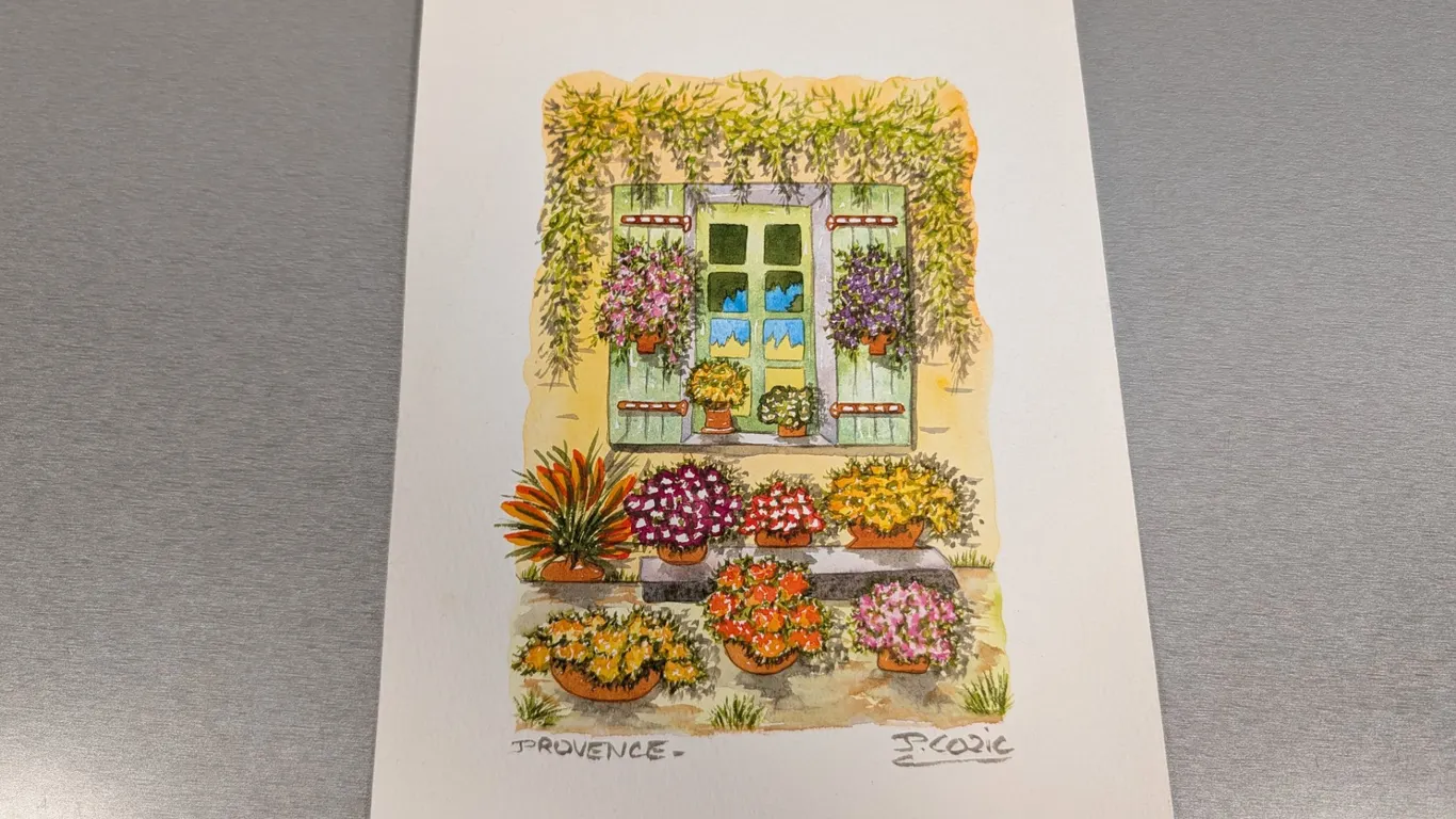 F. Cozic Signed Provence Window Floral Watercolor