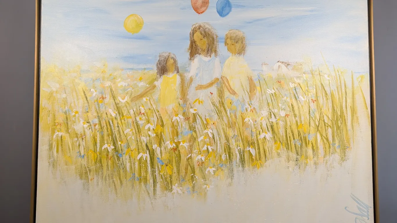 Signed Impressionistic Painting, Children in Field with Balloons