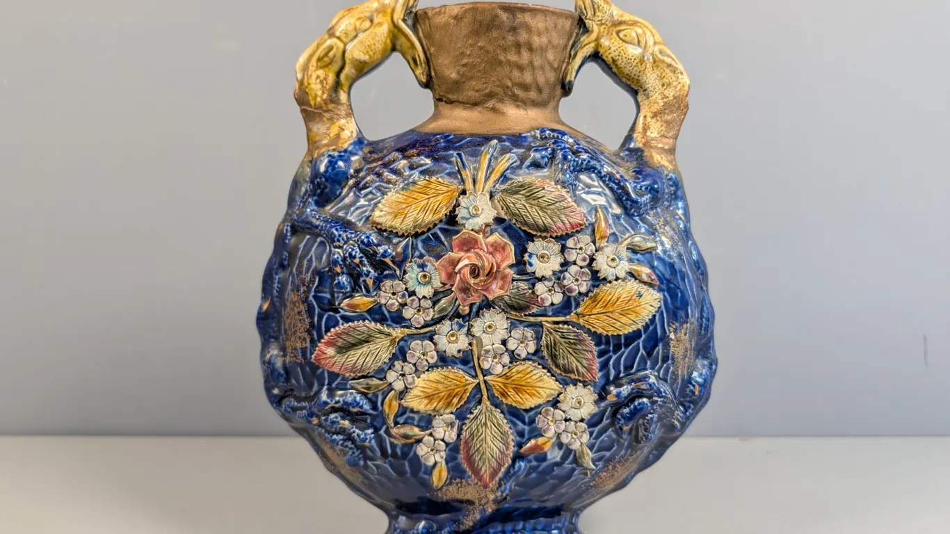 Majolica Style Ceramic Vase with Dragon Handles