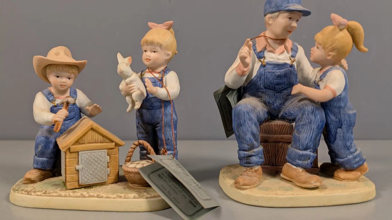 1985 HOMCO Denim Days Porcelain Figurines: Bunny's Hutch & Grandpa's Story