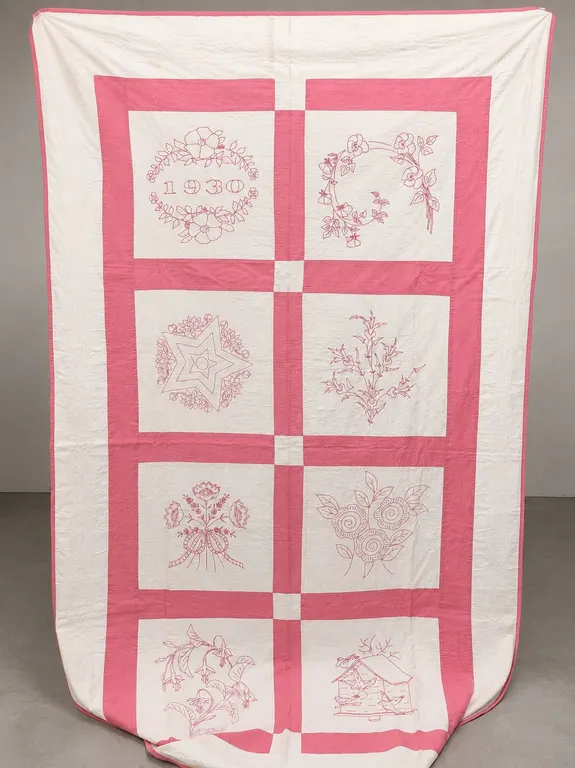 Vintage Pink and White Embroidered Quilt