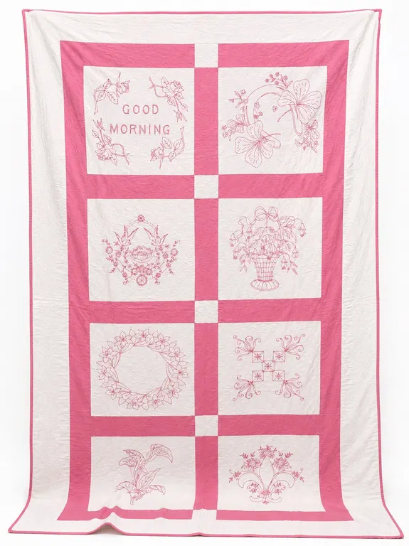 Vintage Pink and White Embroidered Quilt