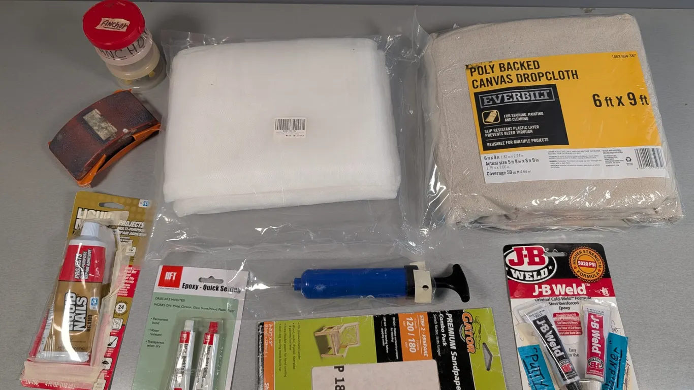 Home Improvement Supplies Lot: Adhesives, Sandpaper, Drop Cloth, and More