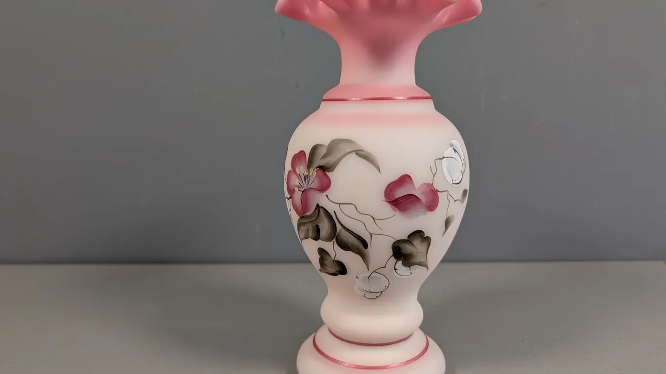 Fenton Hand-Painted Frosted Pink Art Glass Vase