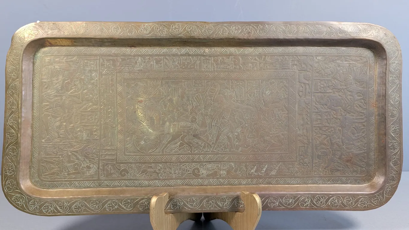 Vintage Etched Brass Tray with Egyptian Motif