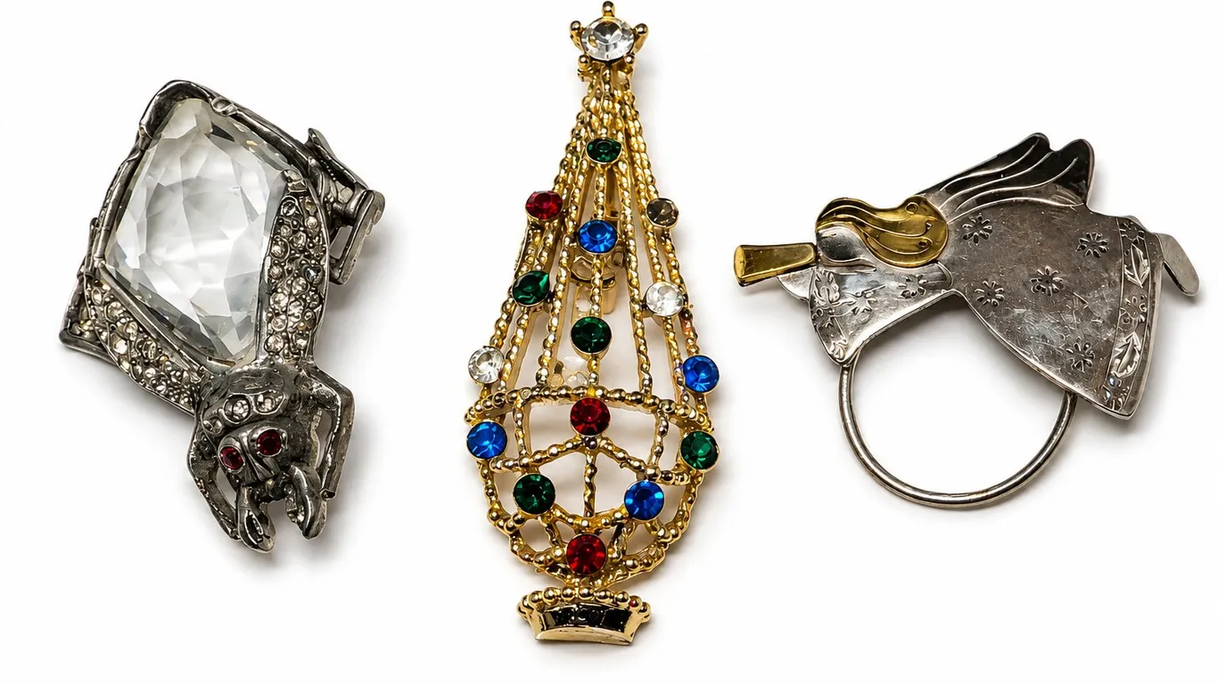 Collection of Three Brooches: Spider, Christmas Tree, and Angel