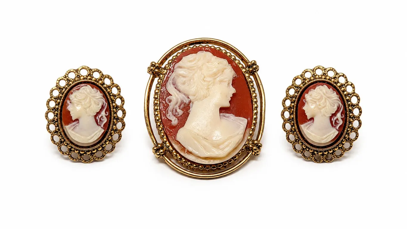 Vintage Gold Tone Cameo Brooch and Clip-On Earrings Set