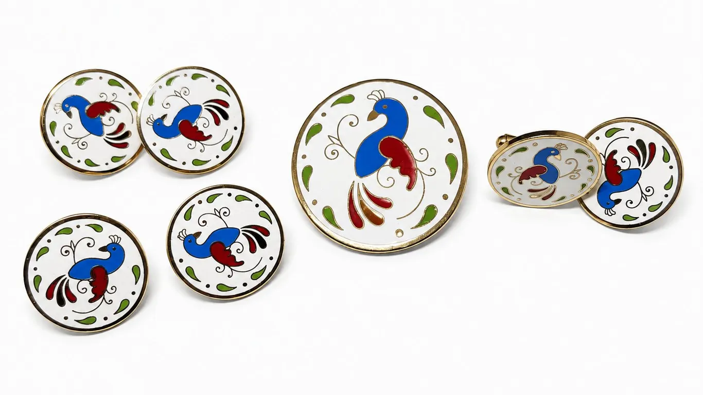 Vintage Enamel Peacock Brooch, Cufflinks & Earrings Set
