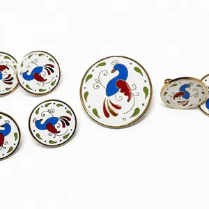 Vintage Enamel Peacock Brooch, Cufflinks & Earrings Set