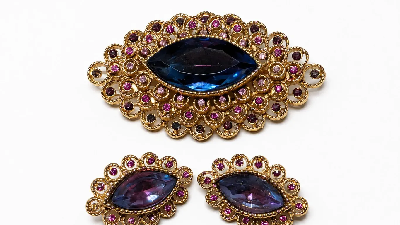 Vintage Gold Tone Brooch and Earring Set