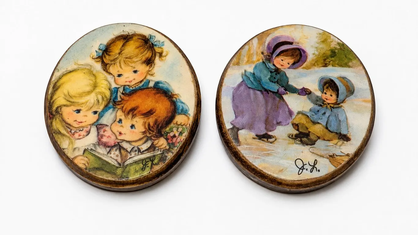 Vintage J.L. Brooch Pins with Children Scenes