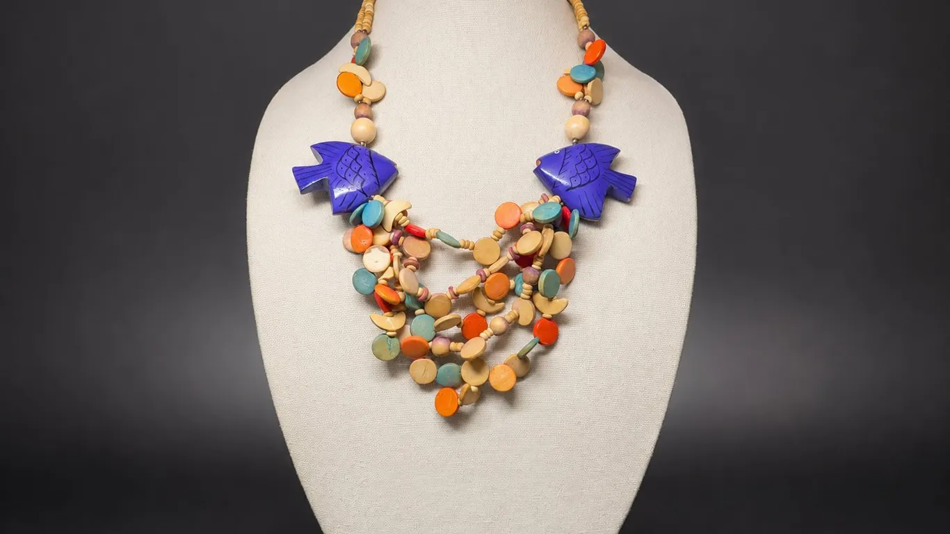 Colorful Wooden Beaded Necklace with Fish Pendants