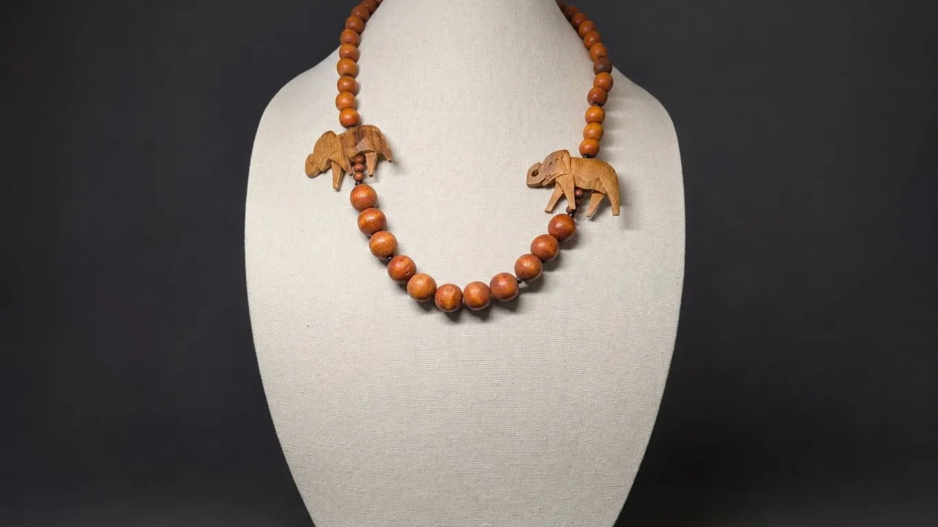 Carved Wood Elephant Beaded Necklace