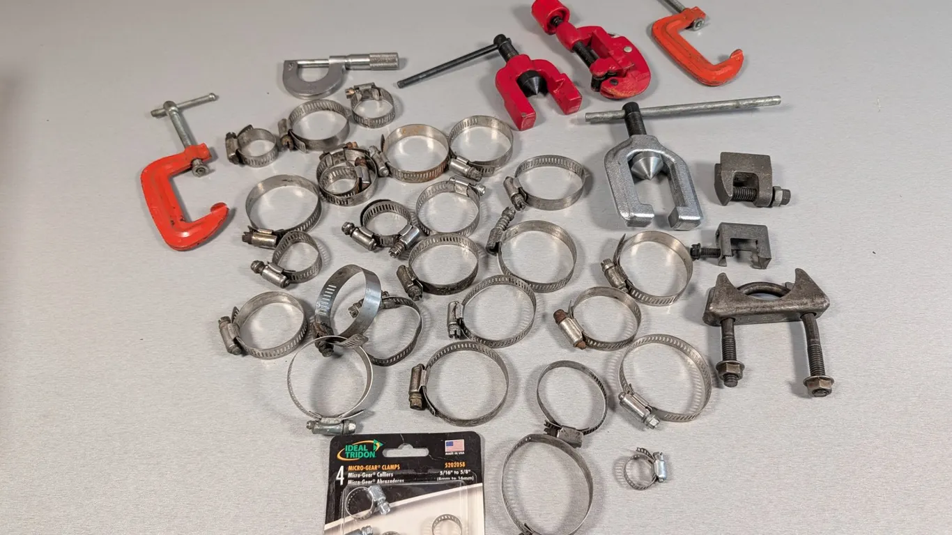 Assorted Hose Clamps, Pipe Cutters & Hand Tools