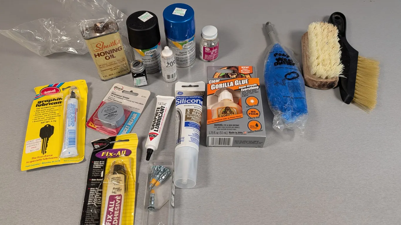 Assorted Adhesives, Lubricants, Brushes & Honing Oil Lot