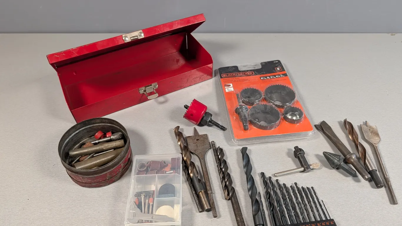 Sears Toolbox with Assorted Drill Bits and Power Tool Accessories