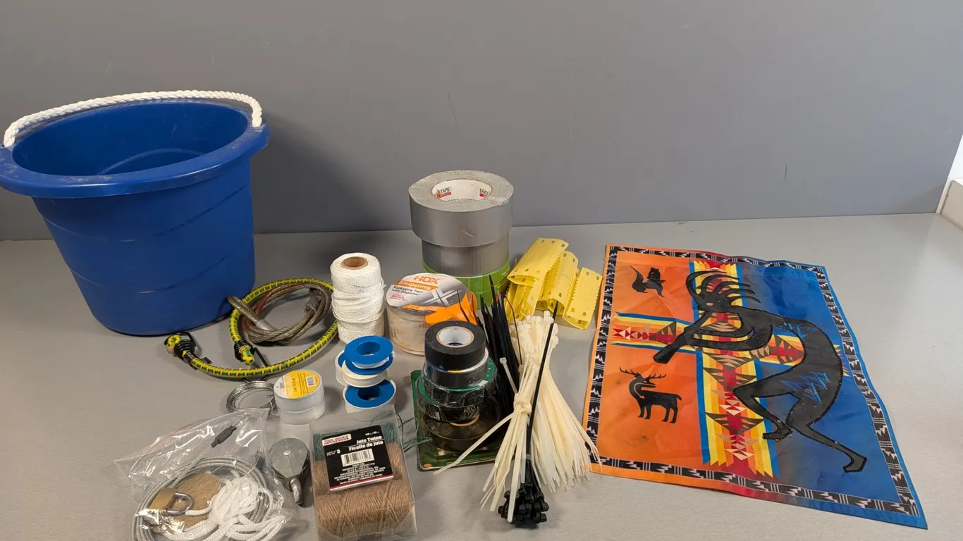 Assorted Household Hardware, Tapes, and Southwestern Style Flag