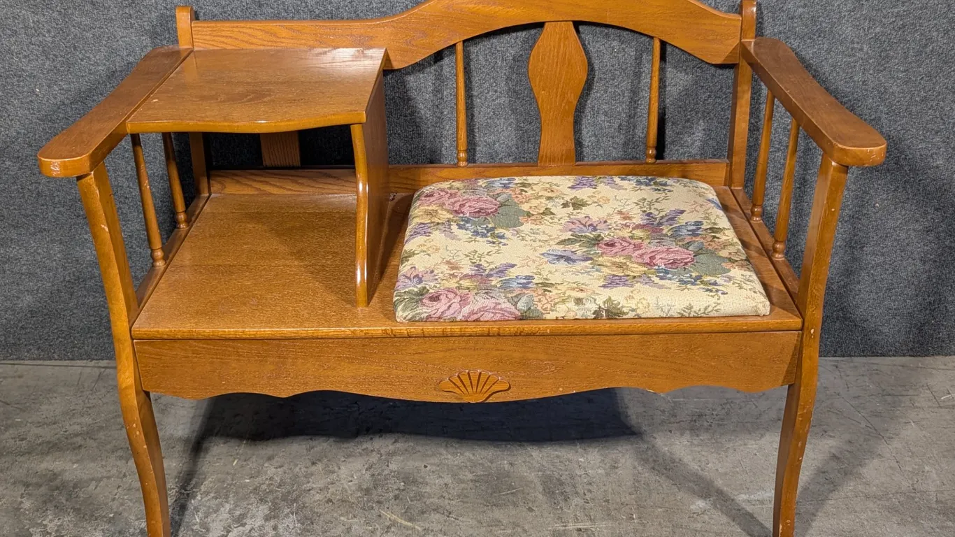 Oak Telephone Bench with Upholstered Seat