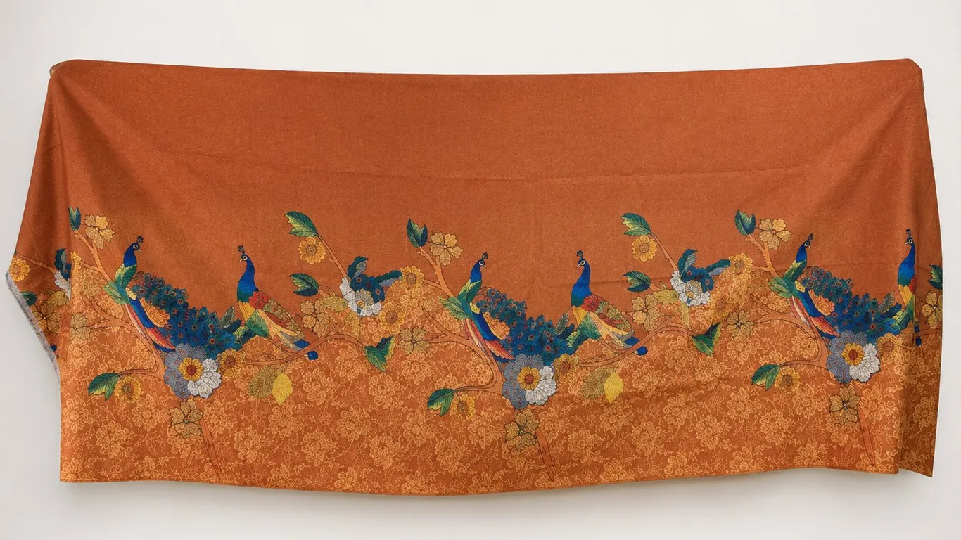 Silk Peacock and Floral Print table runner/ small blanket
