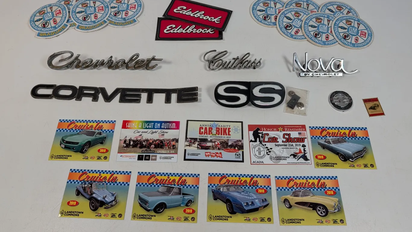 Collection of Automotive Emblems, Patches, and Car Show Fliers