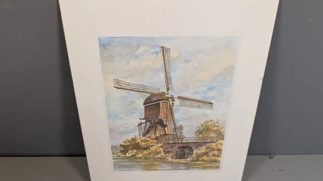 Janusz Mędzi Signed Kinderdijk Windmill Watercolor style print