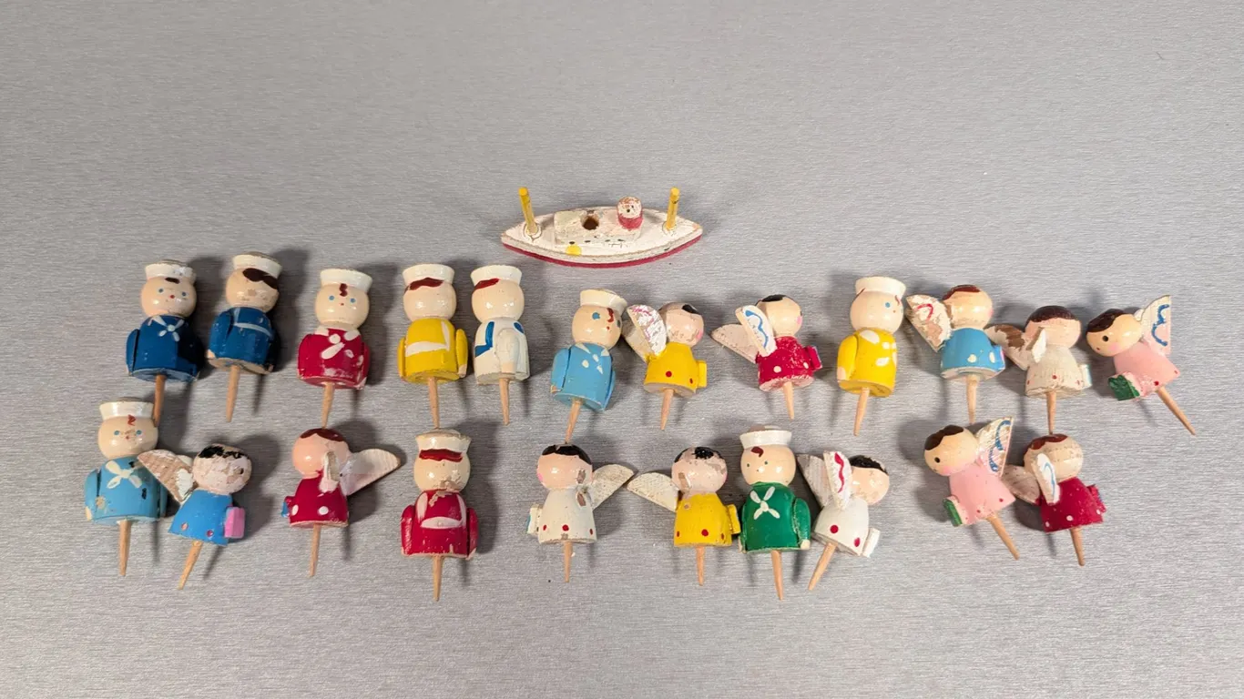 Collection of Vintage Wooden Cake Toppers: Sailors, Angels, and a Boat